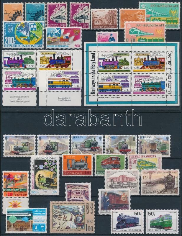 Railway motive 33 stamps + 1 block, Vasút motívum tétel 33 db bélyeg és 1 blokk 2 stecklapon