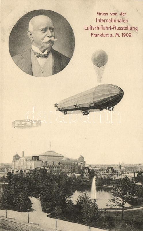 1909 Gruss von der Internationalen Luftschifffahrt-Ausstellung. Frankfurt / hot air balloon, Graf Zeppelin, 1909 Ferdinand von Zeppelin gróf, léghajó, hőlégballon