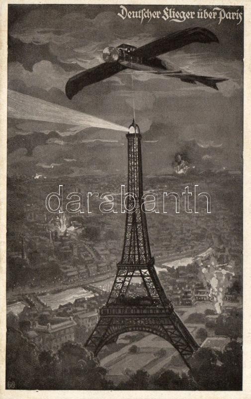 Német repülő Párizs felett, Deutscher Flieger über Paris; Deutscher Luftflotten-Verein / German airforce, plane over Paris