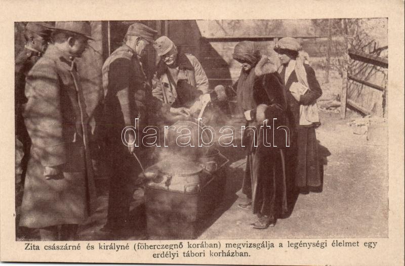Zita királyné megvizsgálja a legénységi élelmet egy erdélyi tábori kórházban /, Zita, Queen of Hungary, tasting the food at a Transylvanian military hospital