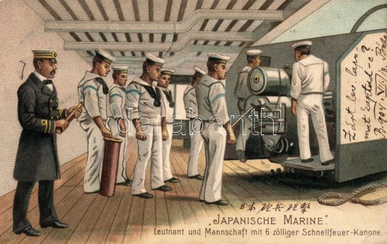 Japán csatahajó legénysége, litho, Japanische Marine. Leutnant und Mannschaft mit 6 zölliger Schnellfeuer-Kanone / Japanese battleship crew, litho