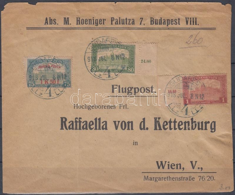 Airmail cover to Vienna. Signed: Visnyovszki, 1918. jul. 9. Légi levél Bécsbe 1K50f Repülő posta bélyeggel és 1.80K kiegészítő bérmentesítéssel