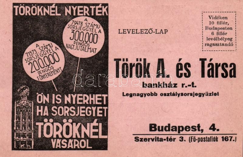 Török bankház osztálysorsjegye, Szervita tér 3., Hungarian lottery ticket advertisement
