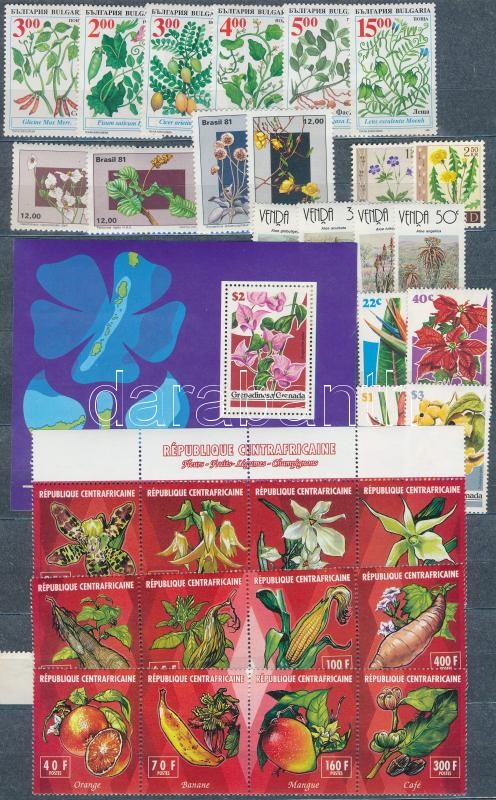 Virág motívum 32 db bélyeg, közte teljes sorok + 1 db blokk + 1 db FDC berakólapon, Flowers 32 stamps with sets + 1 block + 1 FDC