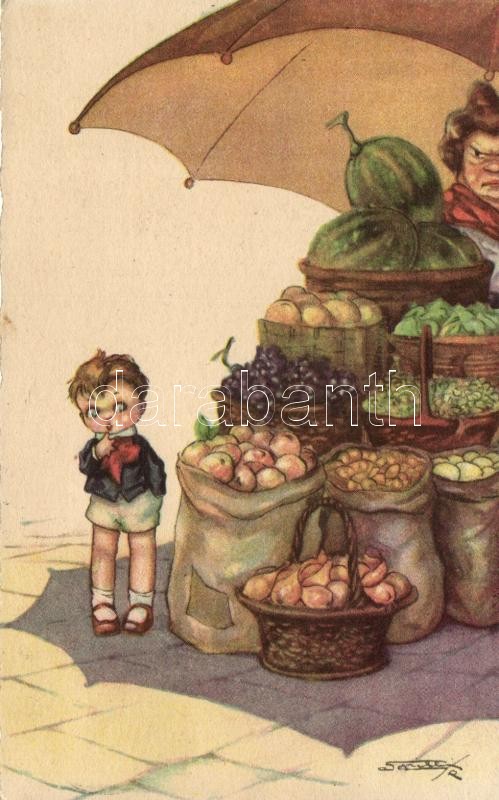 Boy at the market; CDM 1954 Italian art deco postcard, artist signed, Kisfiú a piacon. CDM 1954 Italian art deco postcard,művész aláírásával