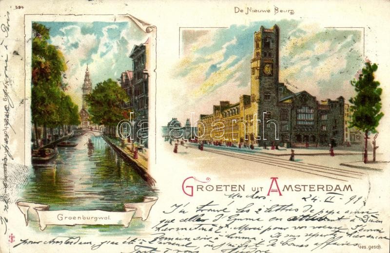 1899 Amsterdam, Groenburgwal, De Nieuwe Beurg, litho