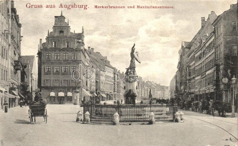 Augsburg, Merkurbrunnen, Maximilianstrasse / fountain, street, shop of J. J. Bhack