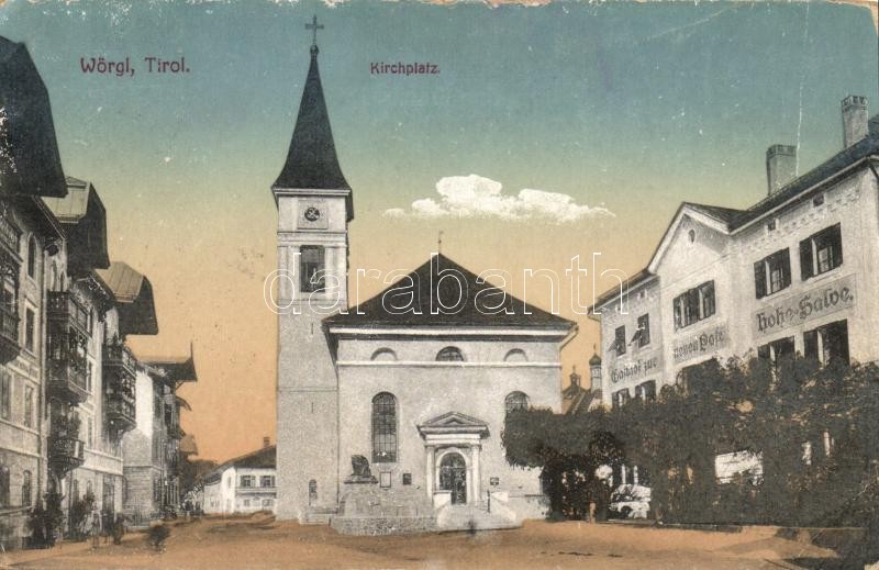 Wörgl, Kirchplatz, Gasthof zur neue Post hohe-Salve / church square, guest house (wet damage)