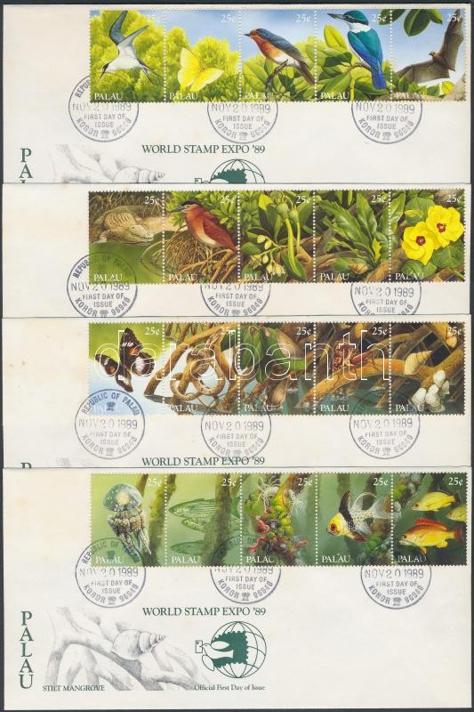 Stamp Exhibition; Animals - Flowers set in 4 stripes of 5 on 4 FDC, Bélyegkiállítás; Állatok - Virágok sor 4 ötöscsíkban 4 db FDC