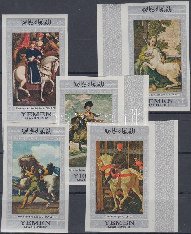 Pferdegemälde (II) ungezähnter Satz, Marken mit Rand darin, Lovas festmények (II.) vágott sor, közte ívszéli bélyegek, Horse paintings (II) imperforated set, with margin stamps