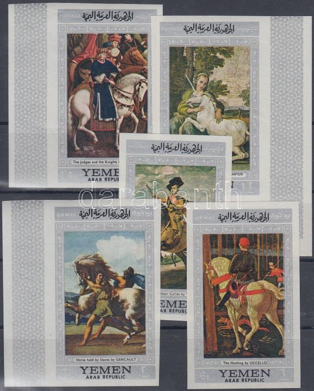 Lovas festmények (II.) vágott sor, közte ívszéli és ívsarki bélyegek, Horse paintings (II) imperforated set, with margin and corner stamps, Pferdegemälde (II) ungezähnter Satz, Marken mit Rand darin