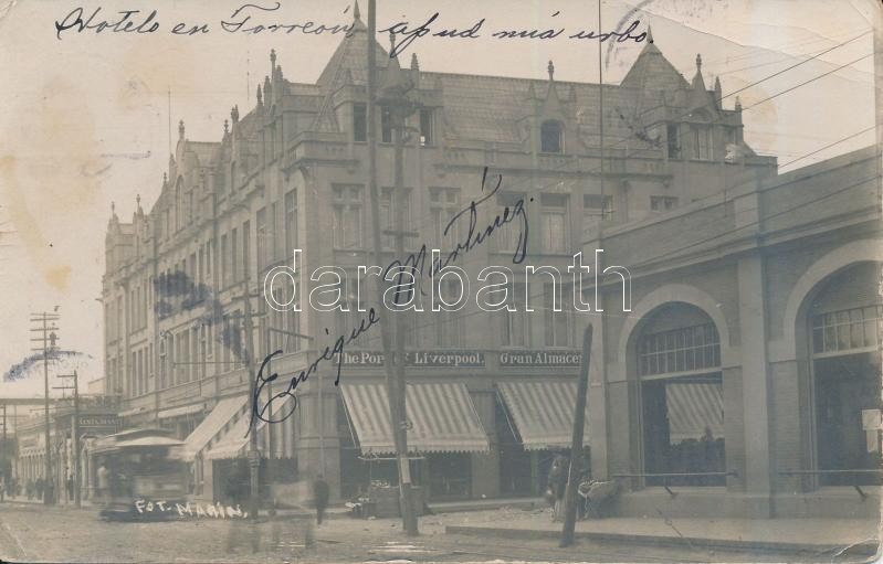 1914 Nuevo Laredo, Hotel Torreon, restaurant, shops, street, tram, photo