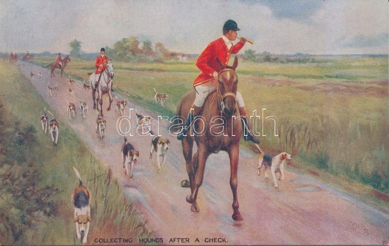 Vadászkutyák visszahívása, Raphael Tuck & Sons Oilette de Luxe Postcard No. 3596., Hunters, Collecting hounds after a check, Raphael Tuck & Sons Oilette de Luxe Postcard No. 3596.