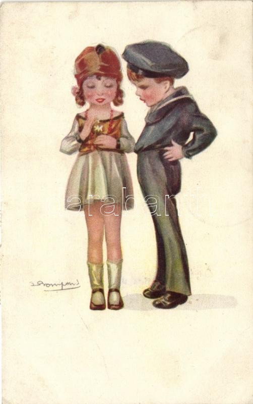 Pár, fiú tengerészruhában, olasz művészlap s: Bompard, Italian art postcard, children couple, sailor s: Bompard