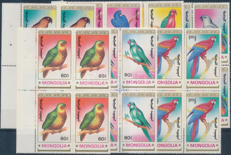 Papagájok sor ívszéli négyestömbökben, Parrots set margin blocks of 4