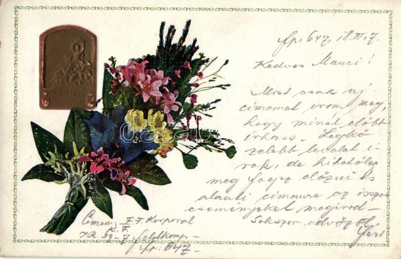 1915 Isonzo Armee, I. világháborús emléklap, dombornyomat, 1915 Isonzo Armee / WWI military memorial card, floral Emb.