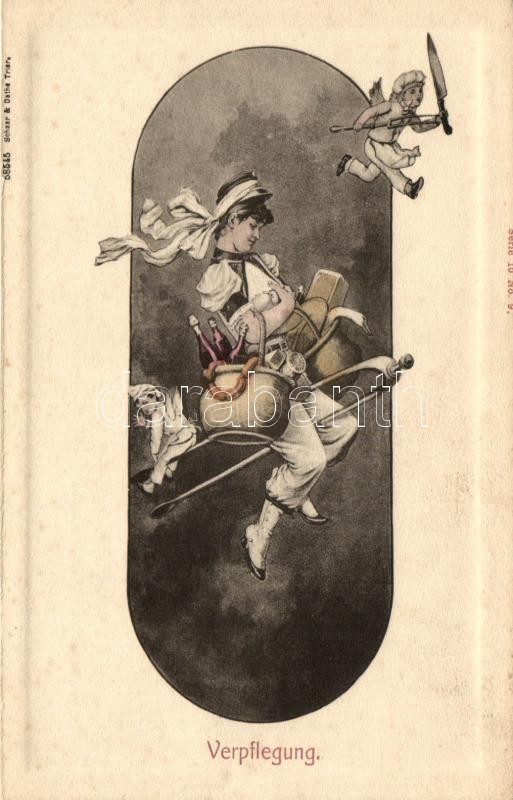 K.u.K. hadsereg művészeti képeslap, Verpflegung, Verlag Schaar & Dathe, Trier / K.u.K. military, gently erotic art postcard