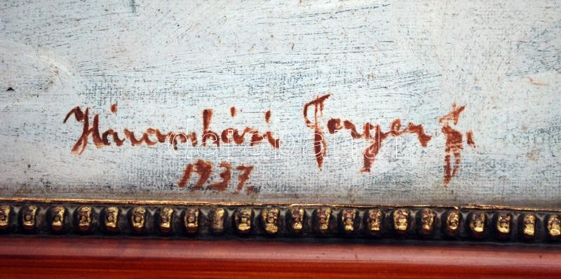 Háromházi Ferger Ferenc (1908-1983): Korcsolyázók a faluban. Olaj, vászon, jelzett, üvegezett keretb...