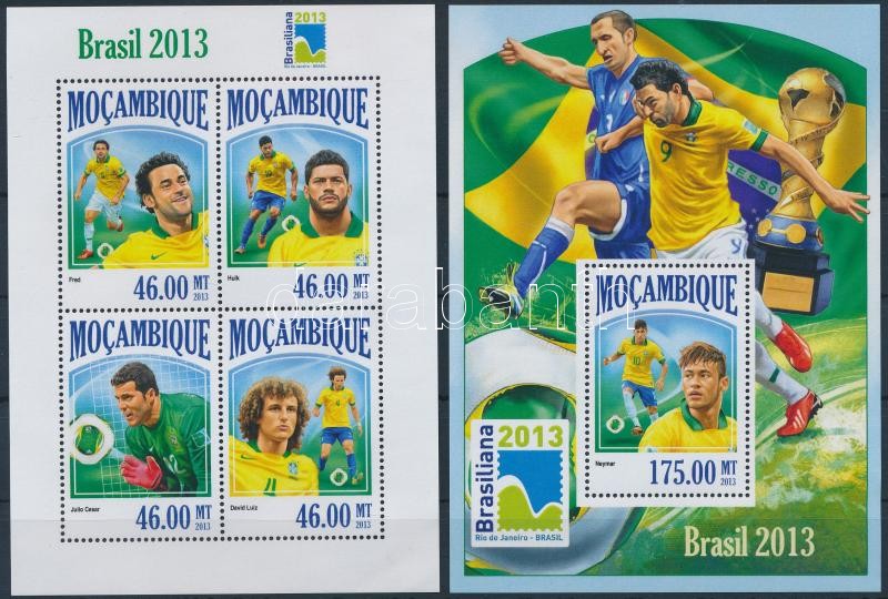 Brasiliana bélyegkiállítás, labdarúgás kisív + blokk, Brasiliana stamp exhibition, football mini sheet + block