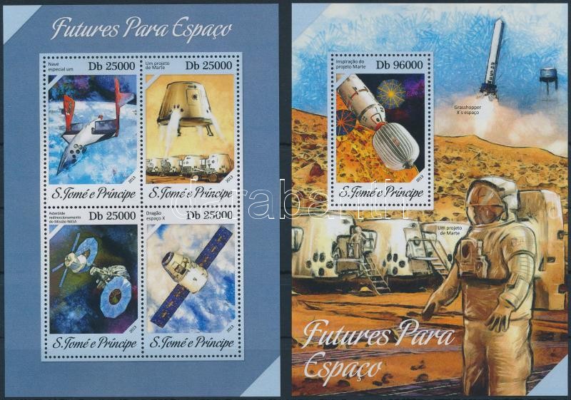 Space research, space vehicles mini sheet + block, Űrkkkutatás, űrjárművek kisív + blokk