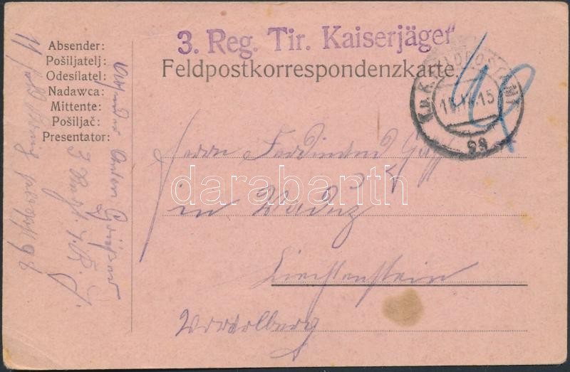 Field postcard &quot;3. Reg. Tir. Kaiserjäger&quot; + &quot;FP 98&quot;, Tábori posta levelezőlap &quot;3. Reg. Tir. Kaiserjäger&quot; + &quot;FP 98&quot;