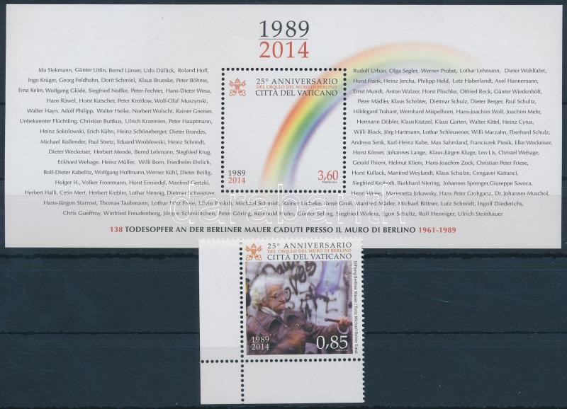 A Berlini fal leomlásának 25. évfordulója ívszéli bélyeg + blokk, 25th anniversary of the Berlin Wall fall margin stamp + block