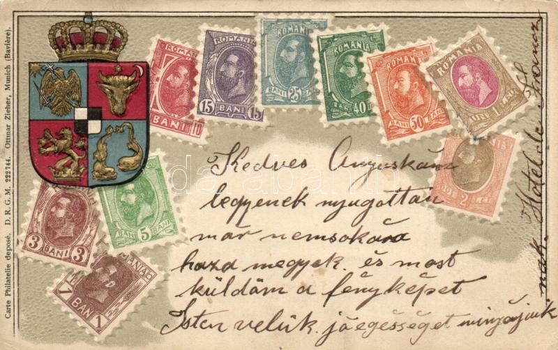 Romania; set of stamps, coat of arms, Ottmar Zieher's Carte Philatelique Emb. litho, Románia, bélyegek, címer, Ottmar Zieher's Carte Philatelique, dombornyomat, litho