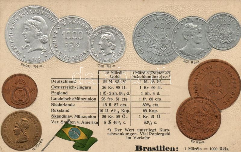Brasilien, Brazil; set of coins, flag, silver and golden Emb. litho, Brazíliai érmék, zászló, ezüst és arany dombornyomat, litho