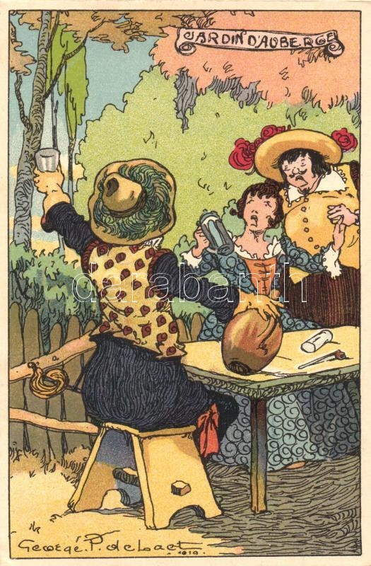 Jardin d'Auberge / Drunk couple, humorous art postcard, litho s: George P. de Laet, Részeg pár, humoros művészlap, litho s: George P. de Laet