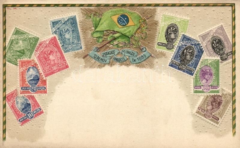 Brazíliai Egyesült Államok, bélyeg kollekció, zászló; Ottmar Zieher D.R.G.M. 222744. No. 38., dombornyomat, litho (tűnyom), Estados Unidos do Brasil / United states of Brazil, set of stamps, flag; Ottmar Zieher D.R.G.M. 222744. No. 38. Emb. litho (tűnyom / pinhole)
