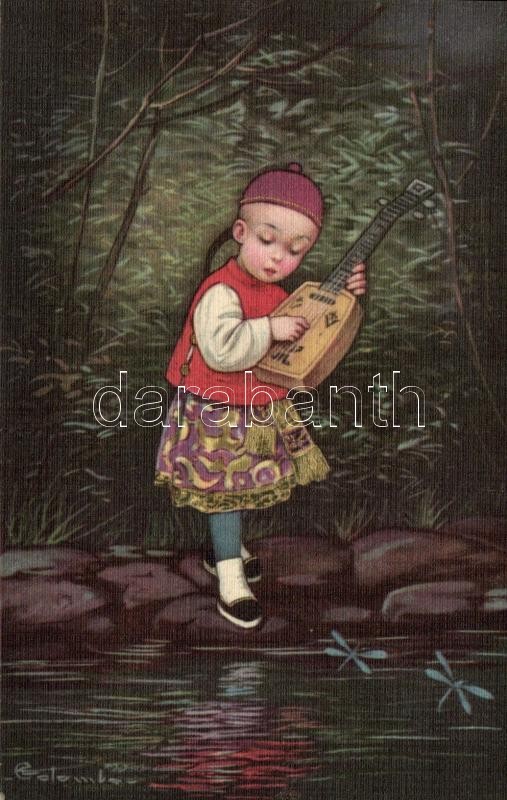Gyerek hangszerrel, olasz művészeti képeslap, Ultra No. 2113 s: E. Colombo, Child with instrument, Italian art postcard, Ultra No. 2113 s: E. Colombo