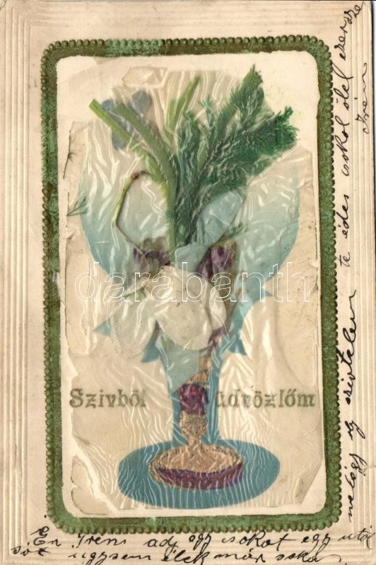 Díszes dombornyomott üdvözlőlap, virág, Decorated greeting card, flower, Emb.