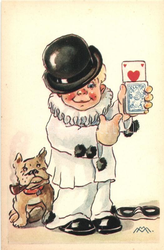 Italian art postcard, child clown, cards, Cecami n. 1039. s: M.M., Olasz művészeti képeslap, gyermekbohóc, kártyák, kutya, Cecami n. 1039. s: M.M.