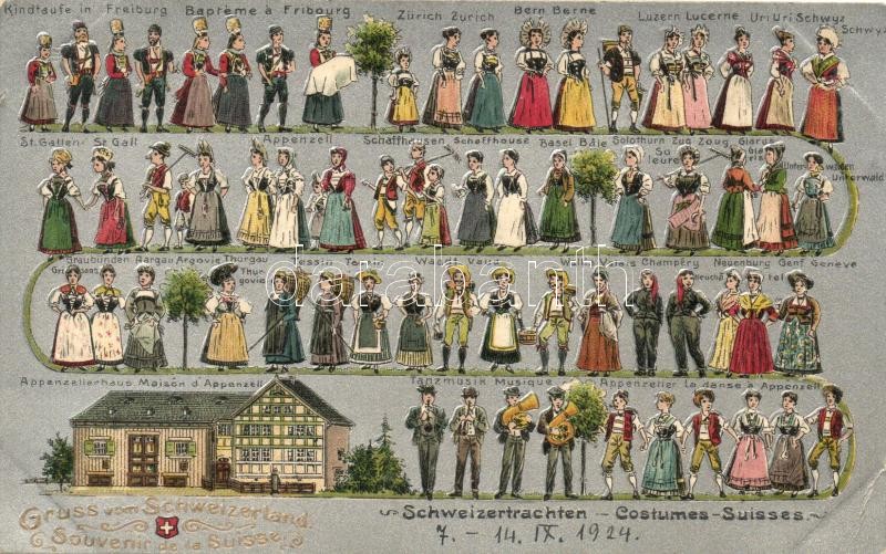 Gruss aus Schweizerland, Schweizertrachten / Swiss folklore, silver card, Suggenheim & Co. No. 10353., litho, Svájci folklór, ezüst kártya, Suggenheim & Co. 10353., litho