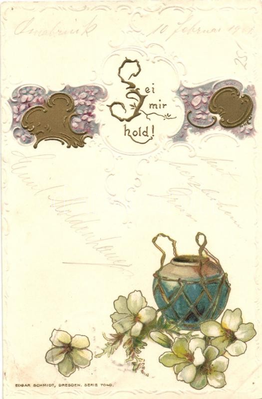 Sei mir hold! / Floral, Art Nouveau greeting card, Emb. litho, Virágos, Art Nouveau üdvözlőlap, dombornyomott, litho