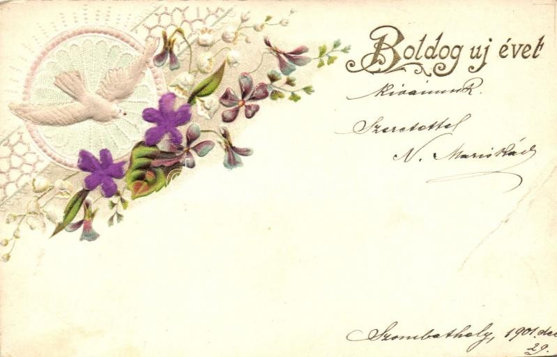 Újévi üdvözlőlap, Emb. litho selymezett kártya, New Year, floral Emb. litho silk card