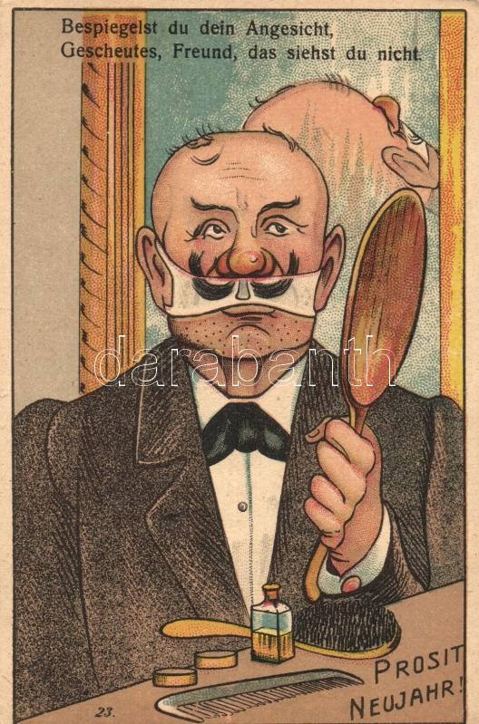 Humoros újévi köszöntőlap, litho, New Year, Gentleman, mustache, humour, litho