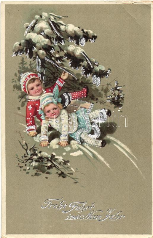 Újévi üdvözlőlap, HWB Ser. 4528. ezüstözött dekoráció, litho, New Year, sledging children, HWB Ser. 4528. silver decoration, litho