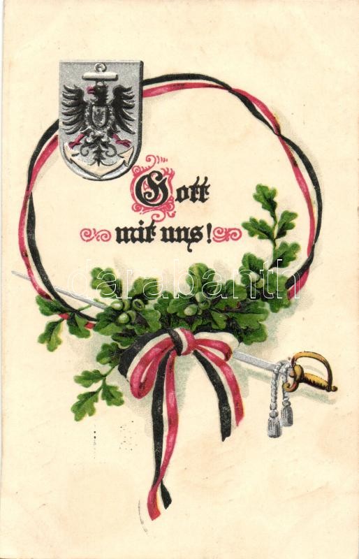 Német zászló, címer, kard, A.S.B. Serie 305., dombornyomott,  litho, Gott mit uns! / German flag, coat of arms, sword, A.S.B. Serie 305.  Emb. litho