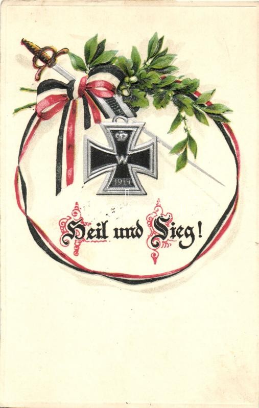 Német zászló, kard, A.S.B. Serie 305., dombornyomat,  litho, Heil und Sieg! / German flag, sword, A.S.B. Serie 305.  Emb. litho