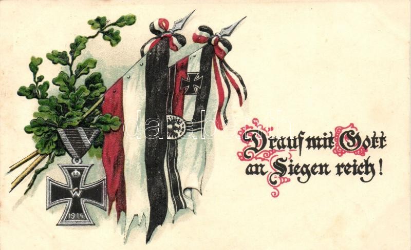Drauf mit Gott an Siegen reich! / German flags, medal, A.S.B. Serie 306. Emb. litho, Német zászlók, kitüntetés, A.S.B. Serie 306. Emb. litho