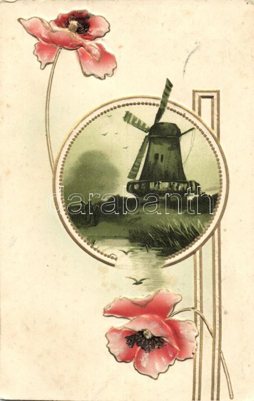 Windmill, Art Nouveau floral, Erika Nr. 3135. Emb. litho, Szélmalom, Art Nouveau, pipacs, Erika Nr. 3135. dombornyomott, litho