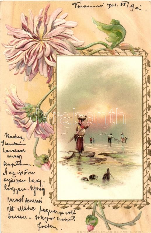 Halászok és mosónő, Ed. Arenz's Serie 1239., Virágos, Art Nouveau litho, Fisherman with washerwoman, Ed. Arenz's Serie 1239. floral, Art Nouveau litho