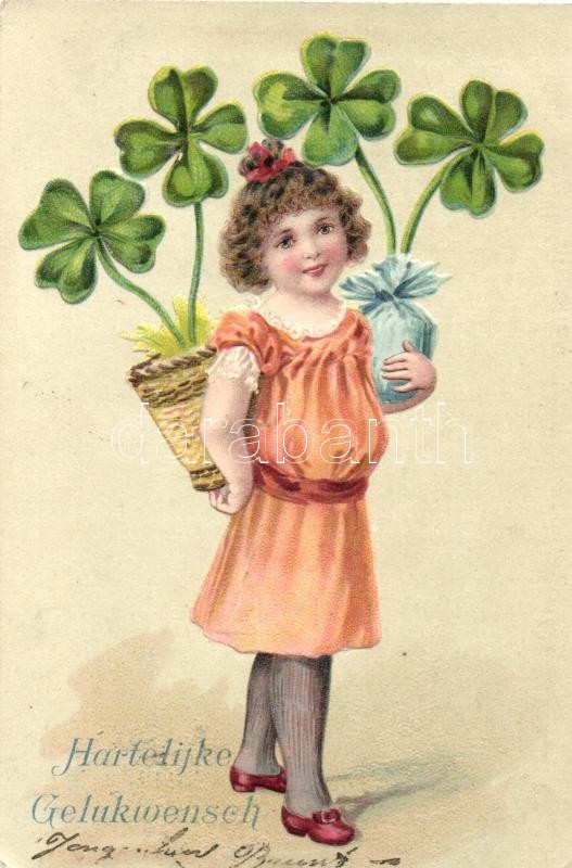 Greeting card, child with clovers,Emb. litho, Üdvözlőlap, lány lóherével, dombornyomott,  litho