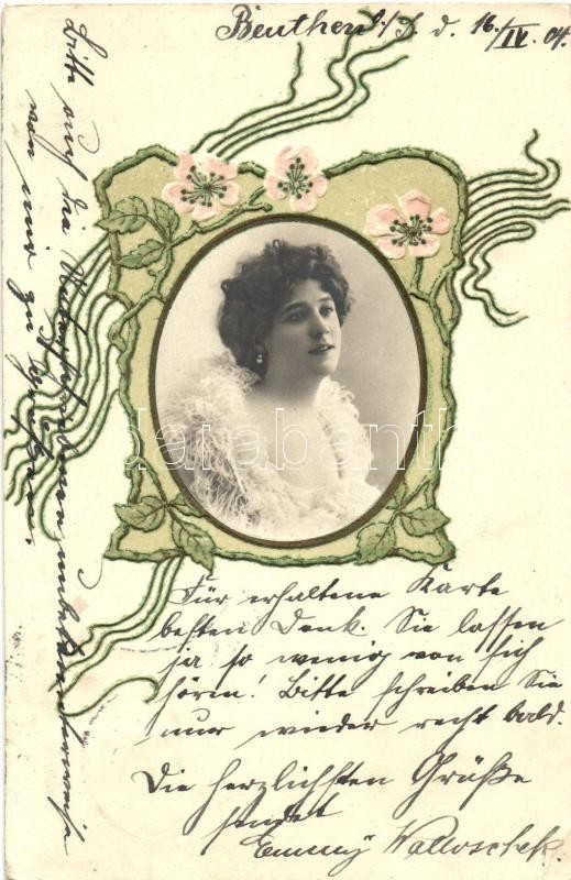 Hölgy, Art Nouveau üdvözlőlap, dombornyomat, Lady, Art Nouveau greeting card, Emb.