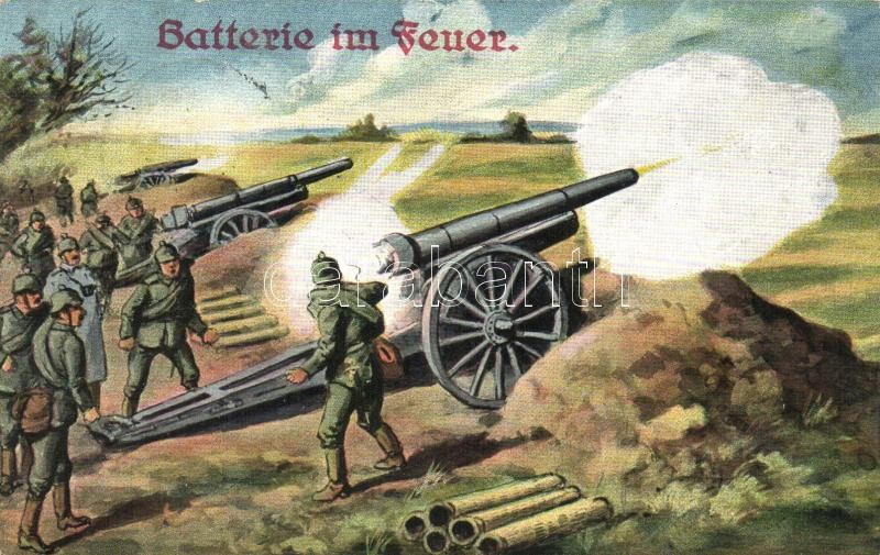 Batterie im Feuer / WWI German artillery, firing cannons, WSSB 806., I. világháború, német tüzérség harc közben, WSSB 806.