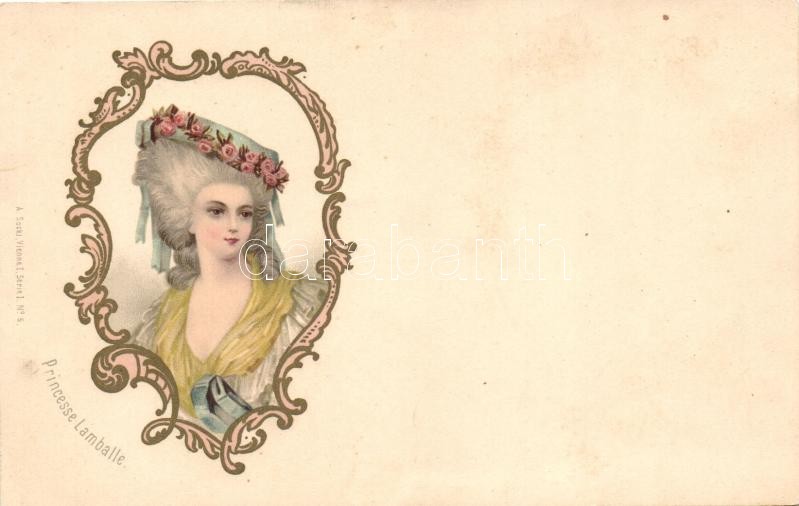 Lamballe hercegné,szecessziós, A. Sockl Serie I. No. 5. litho, Princesse Lamballe, Art Nouveau, A. Sockl Serie I. No. 5. litho