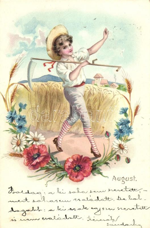Augusztus, fiú kaszával, virágok, litho, August, Boy with scythe, floral, litho