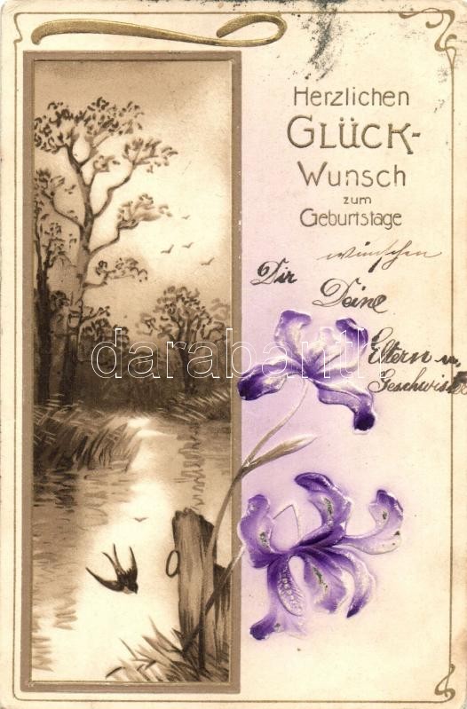 Birthday, floral Art Nouveau, Erika Nr. 2519. Emb. litho, Születésnapi üdvözlőlap, virágos Art Nouveau, Erika Nr. 2519. dombornyomott, litho