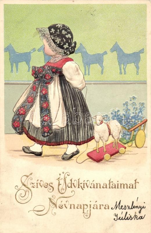 Névnapi üdvözlőlap, Erika Nr. 2610. Emb. litho, Name Day, child, Erika Nr. 2610. Emb. litho